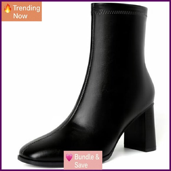 Chunky Block Heel Ankle Boots Square Toe Side Zipper Women's Booties - Picture 2 of 8